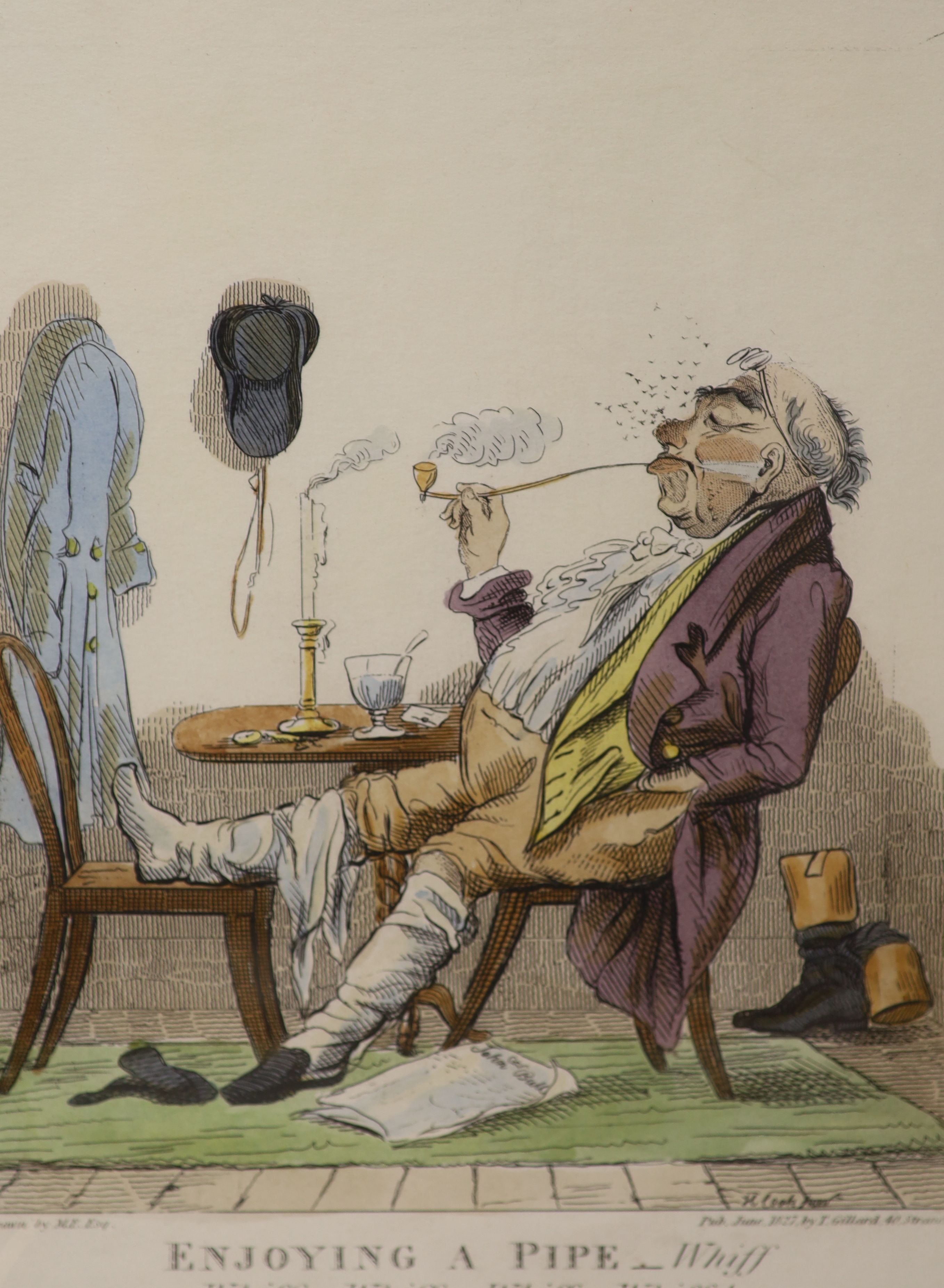 Two 19th century caricatures, 'Enjoying a pipe' and 'Swallowing a pill' (reprints), 28 x 23cm